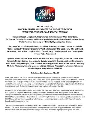 From June 2-8, Nyc's Ifc Center Celebrates the Art of Television with Star-Studded Split Screens Festival