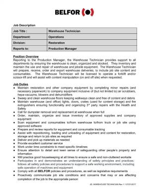Job Description Job Title : Warehouse Technician Department: Operations Division: Restoration Reports To: Production Manager