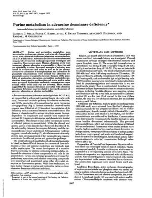 Purine Metabolism in Adenosine Deaminase Deficiency* (Immunodeficiency/Pyrimidines/Adenine Nucleotides/Adenine) GORDON C