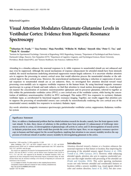 Visual Attention Modulates Glutamate-Glutamine Levels in Vestibular Cortex: Evidence from Magnetic Resonance Spectroscopy