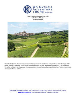 Italy - Piedmont Road Bike Tour 2021 Individual Self-Guided 8 Days / 7 Nights