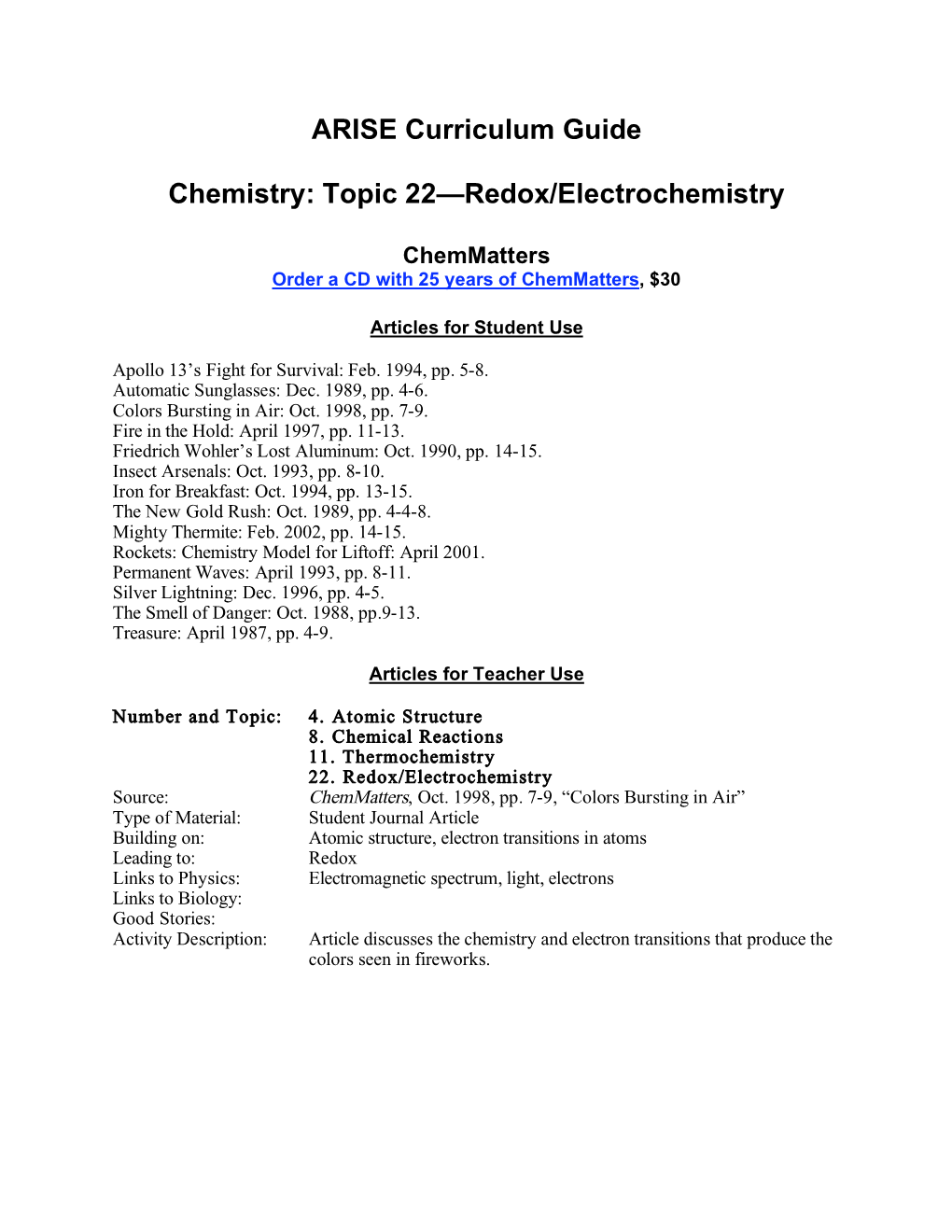 ARISE Curriculum Guide Chemistry: Topic 22—Redox/Electrochemistry