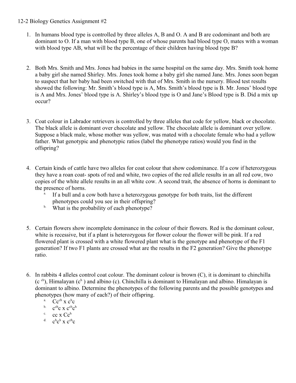 12-2 Biology Genetics Assignment #2