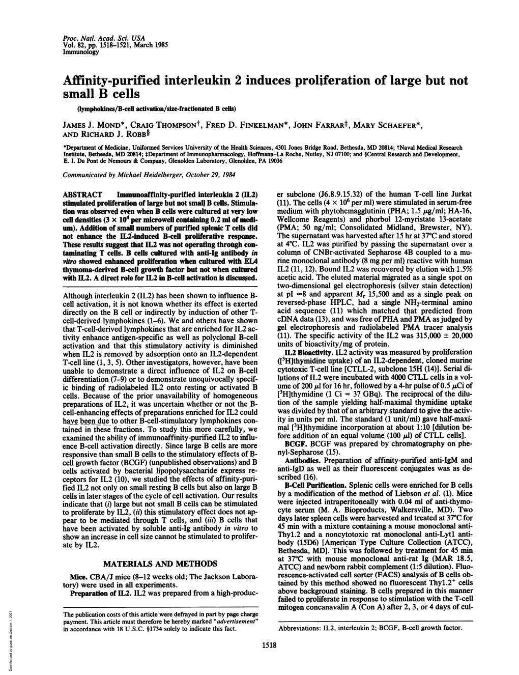 Affinity-Purified Interleukin 2 Induces Proliferation of Large but Not Small B Cells (Lymphoklnes/B-Cefl Activation/Size-Fractionated B Cells) JAMES J