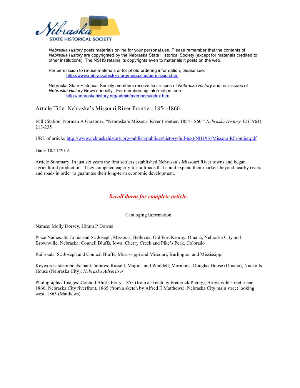 Article Title: Nebraska's Missouri River Frontier, 1854-1860 Scroll Down