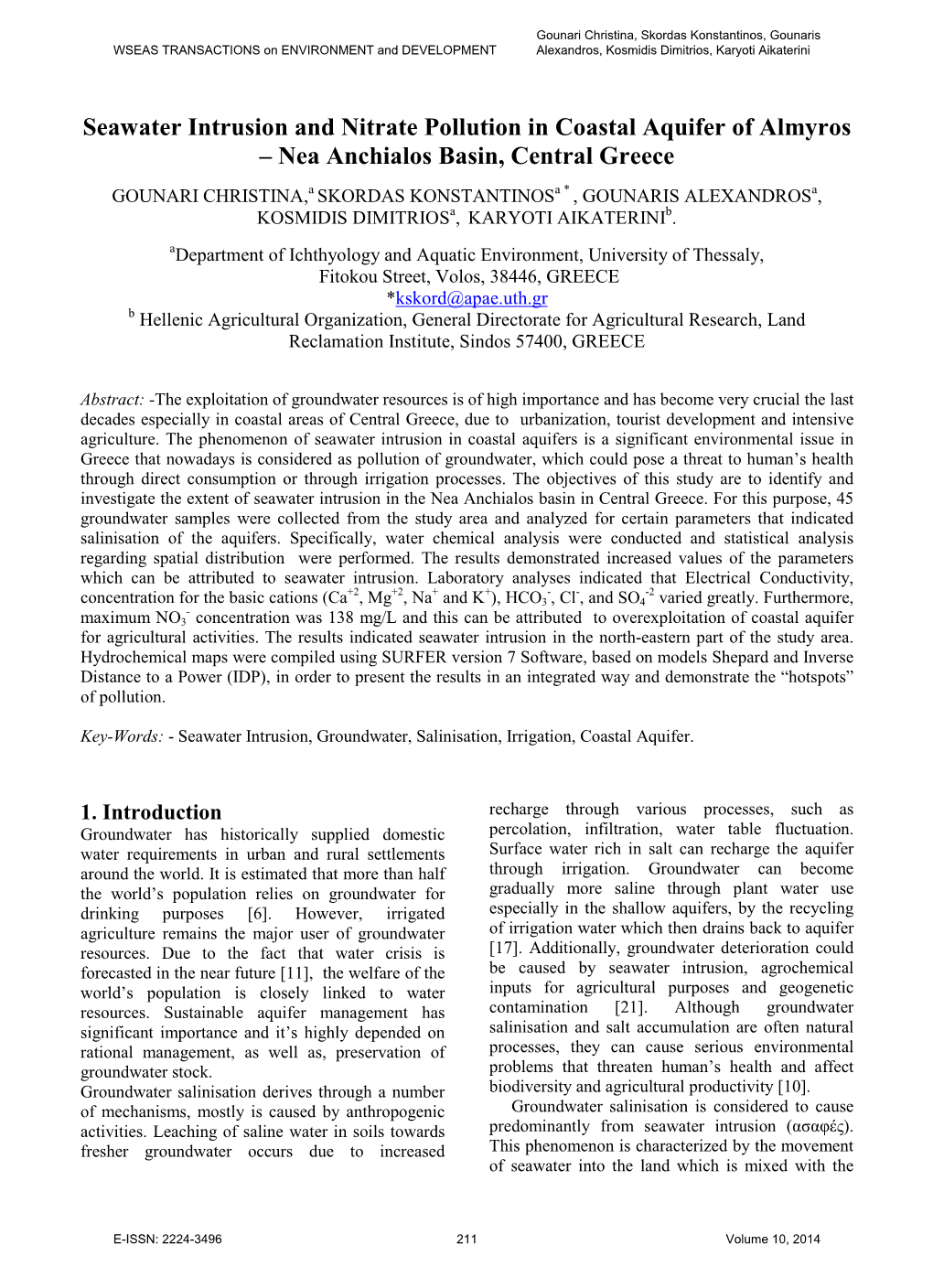 Seawater Intrusion and Nitrate Pollution in Coastal Aquifer Of