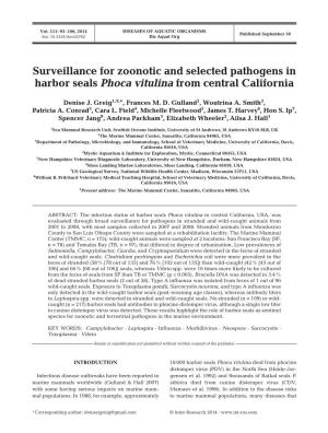 Surveillance for Zoonotic and Selected Pathogens in Harbor Seals Phoca Vitulina from Central California