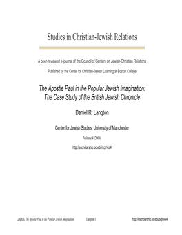 The Apostle Paul in the Popular Jewish Imagination: the Case Study of the British Jewish Chronicle