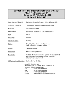 East Mediterranean 4” (Camp Nr 07 / District 2430) 21 June-8 July 2015