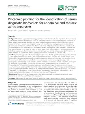 Proteomic Profiling for the Identification of Serum Diagnostic Biomarkers for Abdominal and Thoracic Aortic Aneurysms