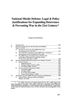 National Missile Defense: Legal,& Policy Justifications for Expanding Deterrence & Preventing War in the 21St Century*