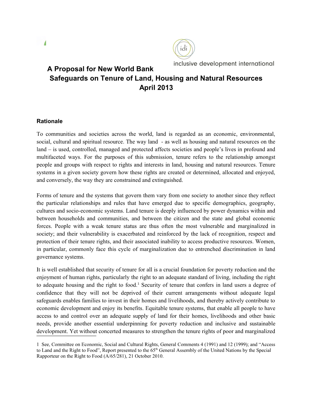 A Proposal for New World Bank Safeguards on Tenure of Land, Housing and Natural Resources