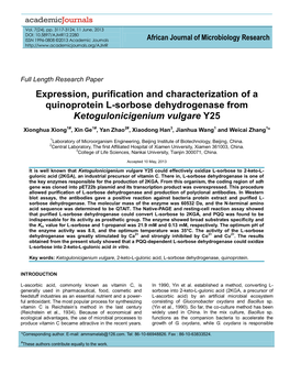 Expression, Purification and Characterization of a Quinoprotein L-Sorbose Dehydrogenase from Ketogulonicigenium Vulgare Y25