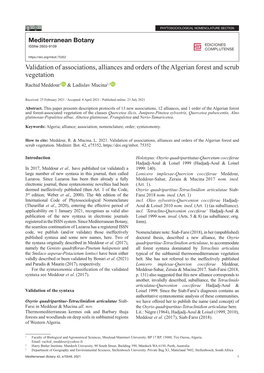 Validation of Associations, Alliances and Orders of the Algerian Forest and Scrub Vegetation Rachid Meddour1 & Ladislav Mucina2,3