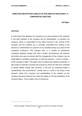 1/1 DIRECTOR and OFFICER LIABILITY in the ZONE of INSOLVENCY: a COMPARATIVE ANALYSIS HH Rajak Summary It Is the Duty of the Dire