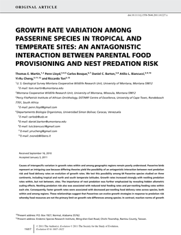 Growth Rate Variation Among Passerine Species in Tropical and Temperate Sites: an Antagonistic Interaction Between Parental Food Provisioning and Nest Predation Risk