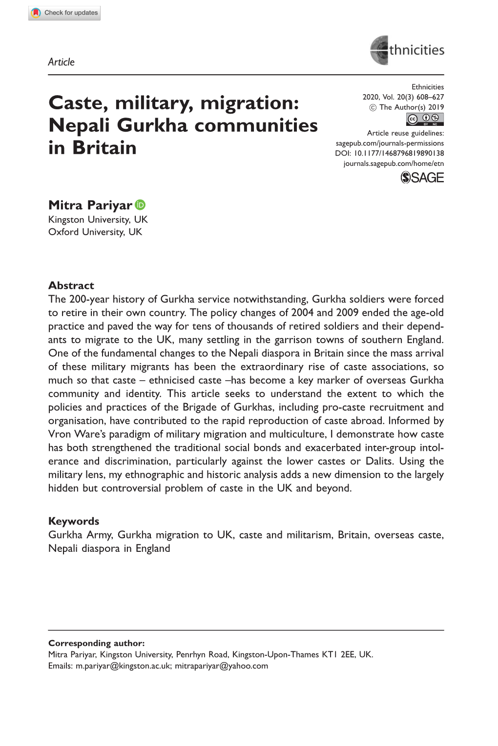 Caste, Military, Migration: Nepali Gurkha Communities in Britain