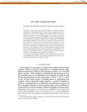 ON the COBLE QUARTIC 1. Introduction in This Paper We