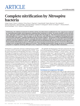 Complete Nitrification by Nitrospira Bacteria Holger Daims1, Elena V