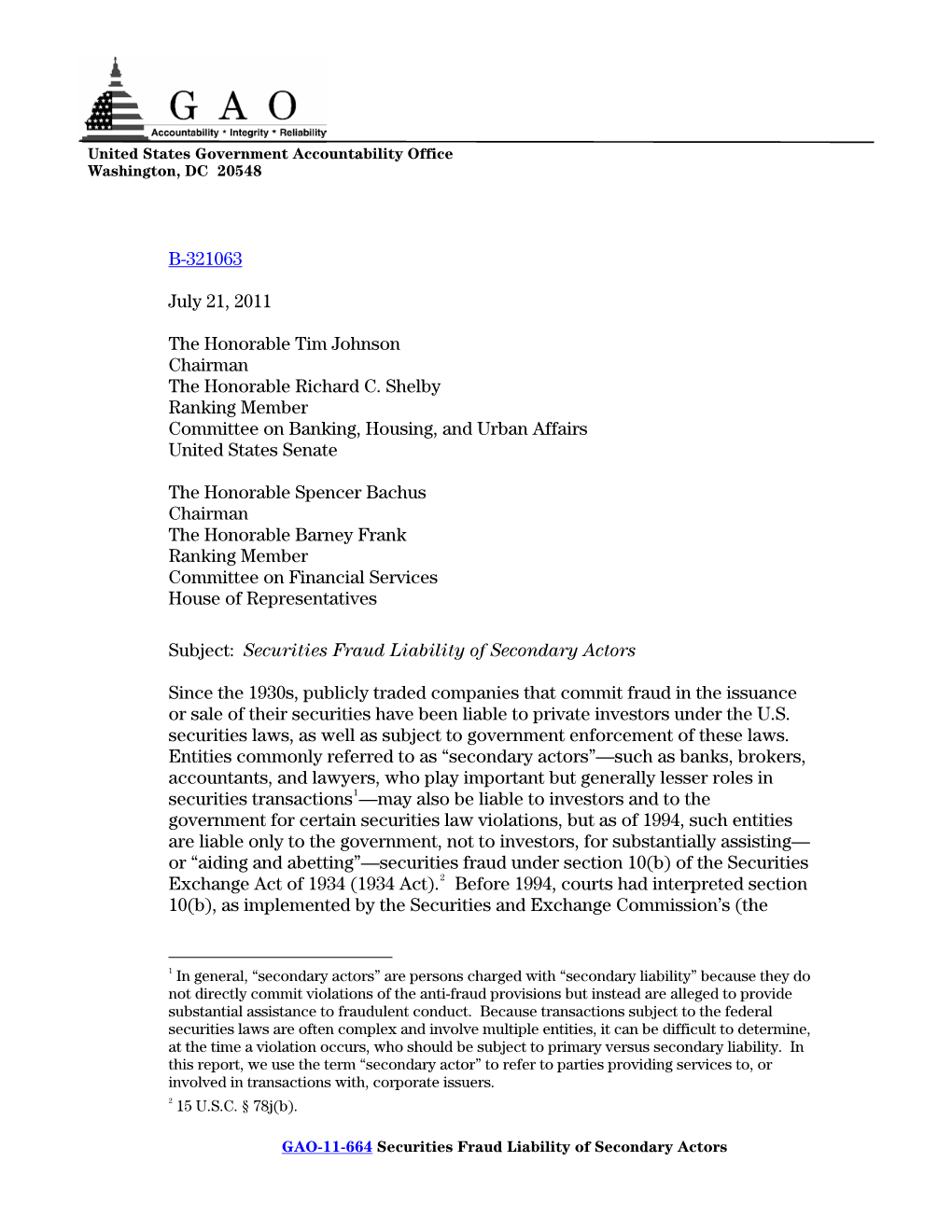 GAO-11-664 Securities Fraud Liability of Secondary Actors