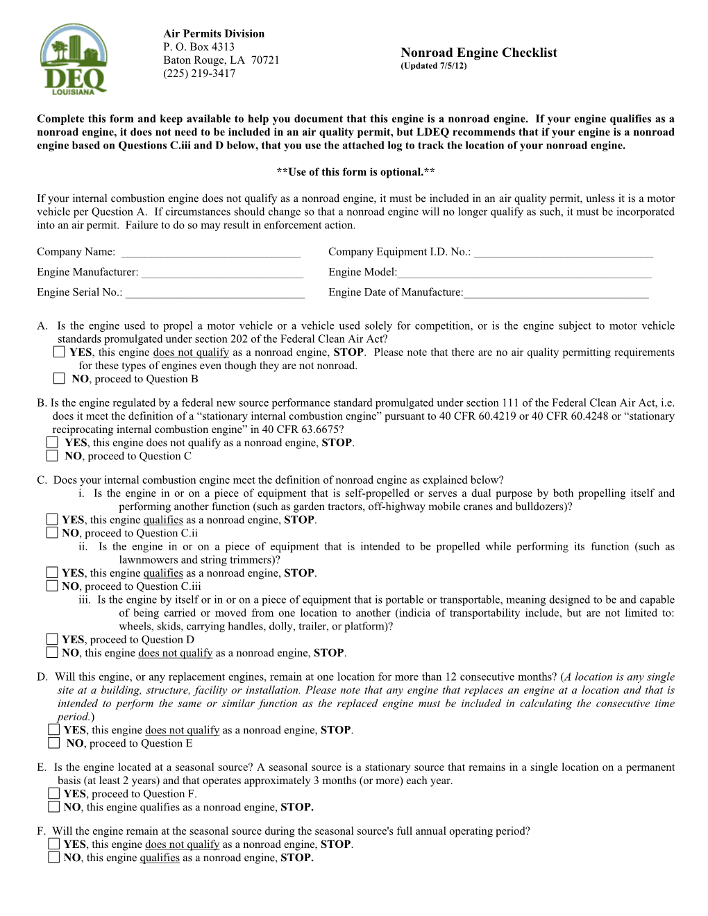 Louisiana Non-Road Engine Checklist