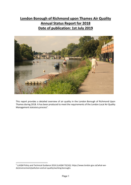 London Borough of Richmond Upon Thames Air Quality Annual Status Report for 2018 Date of Publication: 1St July 2019