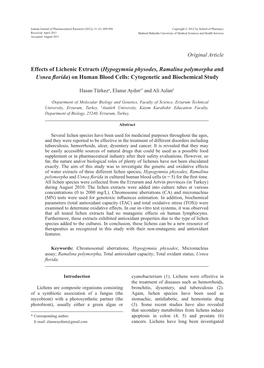 Hypogymnia Physodes, Ramalina Polymorpha and Usnea Florida) on Human Blood Cells: Cytogenetic and Biochemical Study