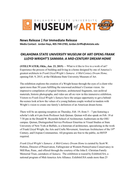 Oklahoma State University Museum of Art Opens Frank Lloyd Wright’S Samara: a Mid-Century Dream Home