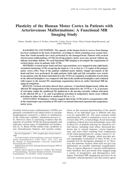 Plasticity of the Human Motor Cortex in Patients with Arteriovenous Malformations: a Functional MR Imaging Study