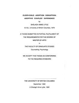 OLDER-CHILD ADOPTION DISRUPTION: ADOPTIVE COUPLES’ EXPERIENCE by SHELAGH ANNE LYTLE B