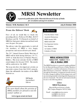 MRSI Newsletter a Quarterly Publication of the Materials Research Society of India for Circulation Amongst Its Members