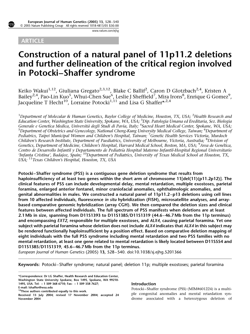 Construction of a Natural Panel of 11P11.2 Deletions and Further Delineation of the Critical Region Involved in Potocki–Shaffer Syndrome