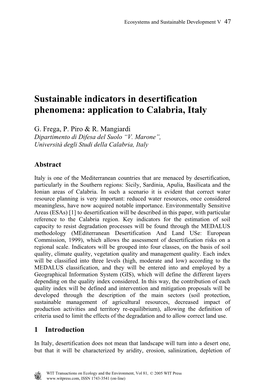 Sustainable Indicators in Desertification Phenomena: Application to Calabria, Italy