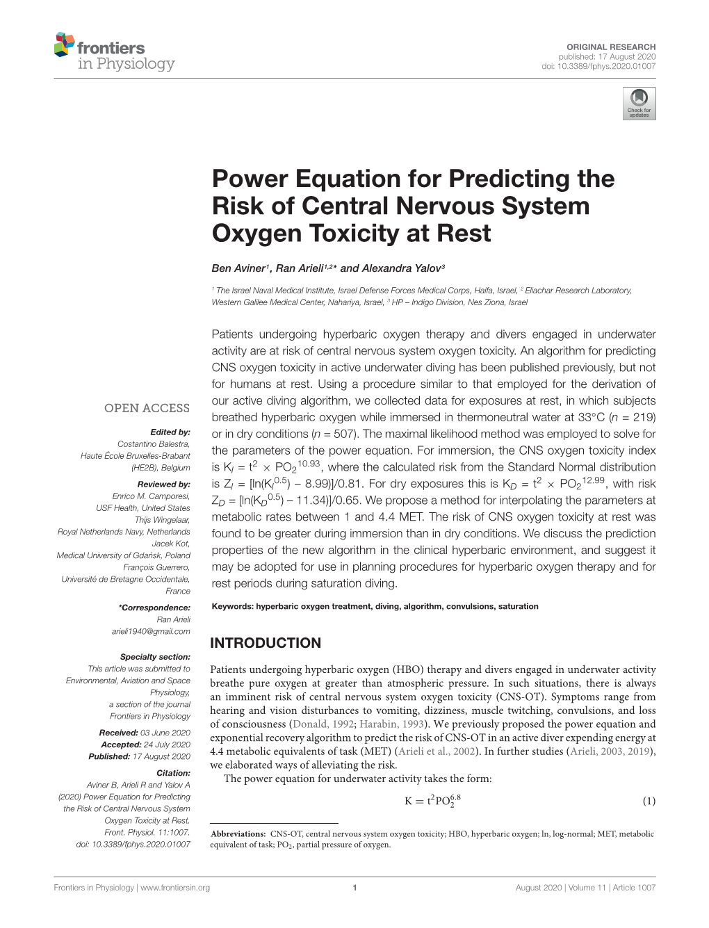 Power Equation for Predicting the Risk of Central Nervous System Oxygen Toxicity at Rest