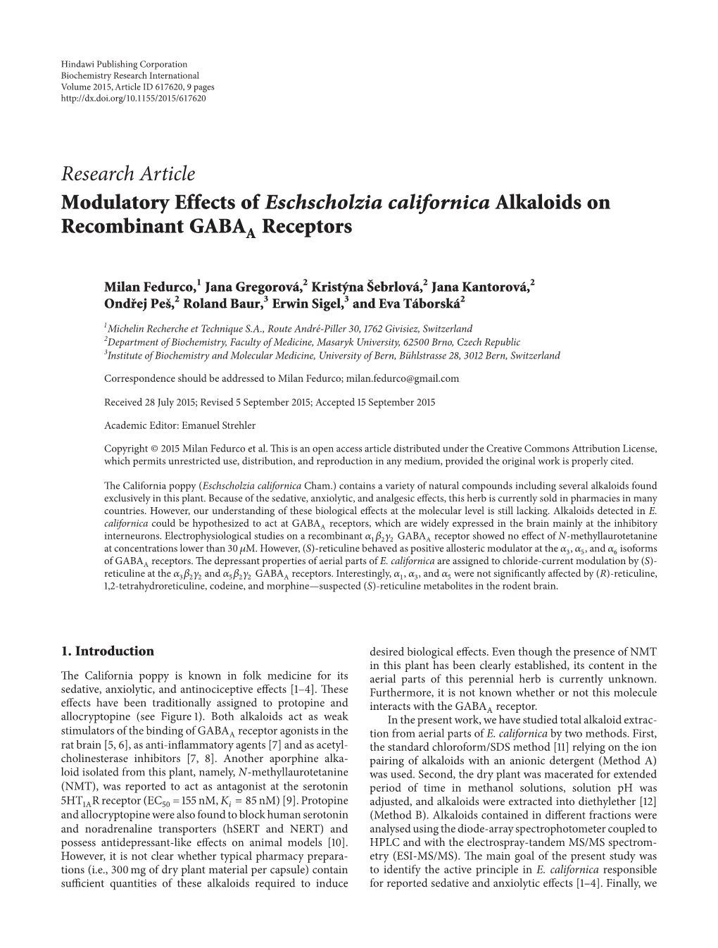 Modulatory Effects of Eschscholzia Californica Alkaloids on Recombinant GABAA Receptors