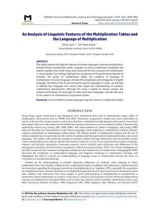An Analysis of Linguistic Features of the Multiplication Tables and the Language of Multiplication