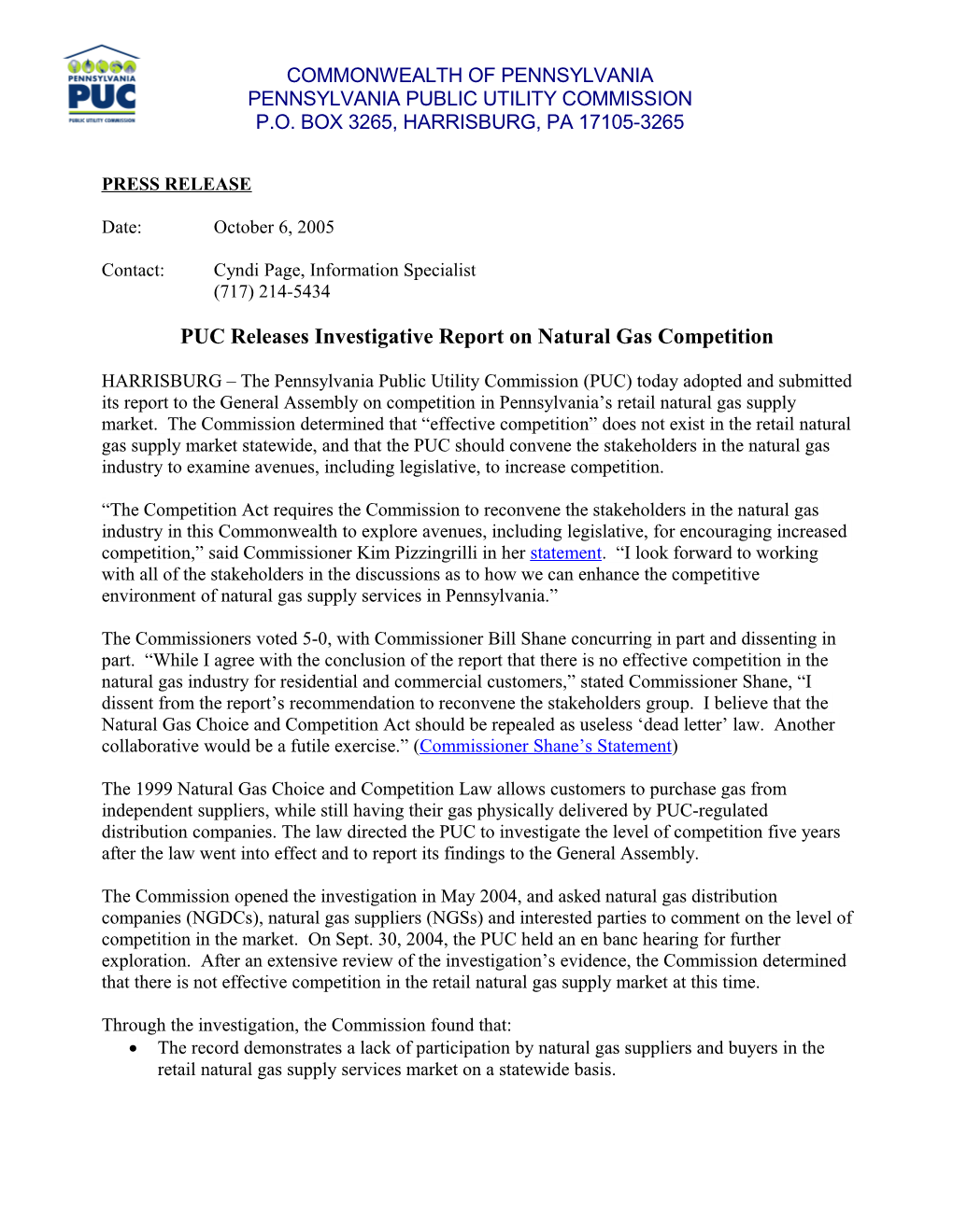 PUC Releases Investigative Report on Natural Gas Competition