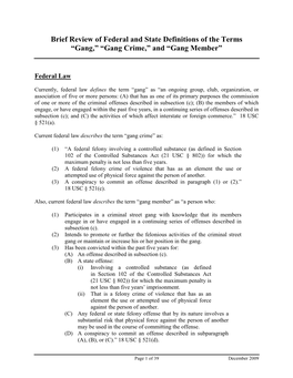 Brief Review of Federal and State Definitions of the Terms “Gang,” “Gang Crime,” and “Gang Member”