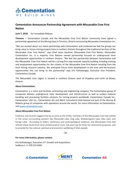 Cementation Announces Partnership Agreement with Missanabie Cree First Nation