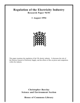 Regulation of the Electricity Industry Research Paper 94/93