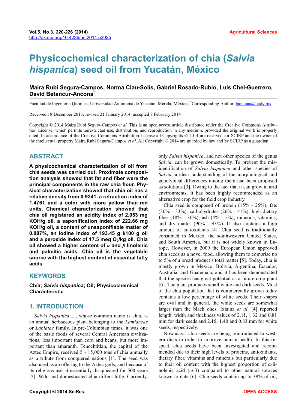 Physicochemical Characterization of Chia (Salvia Hispanica) Seed Oil from Yucatán, México
