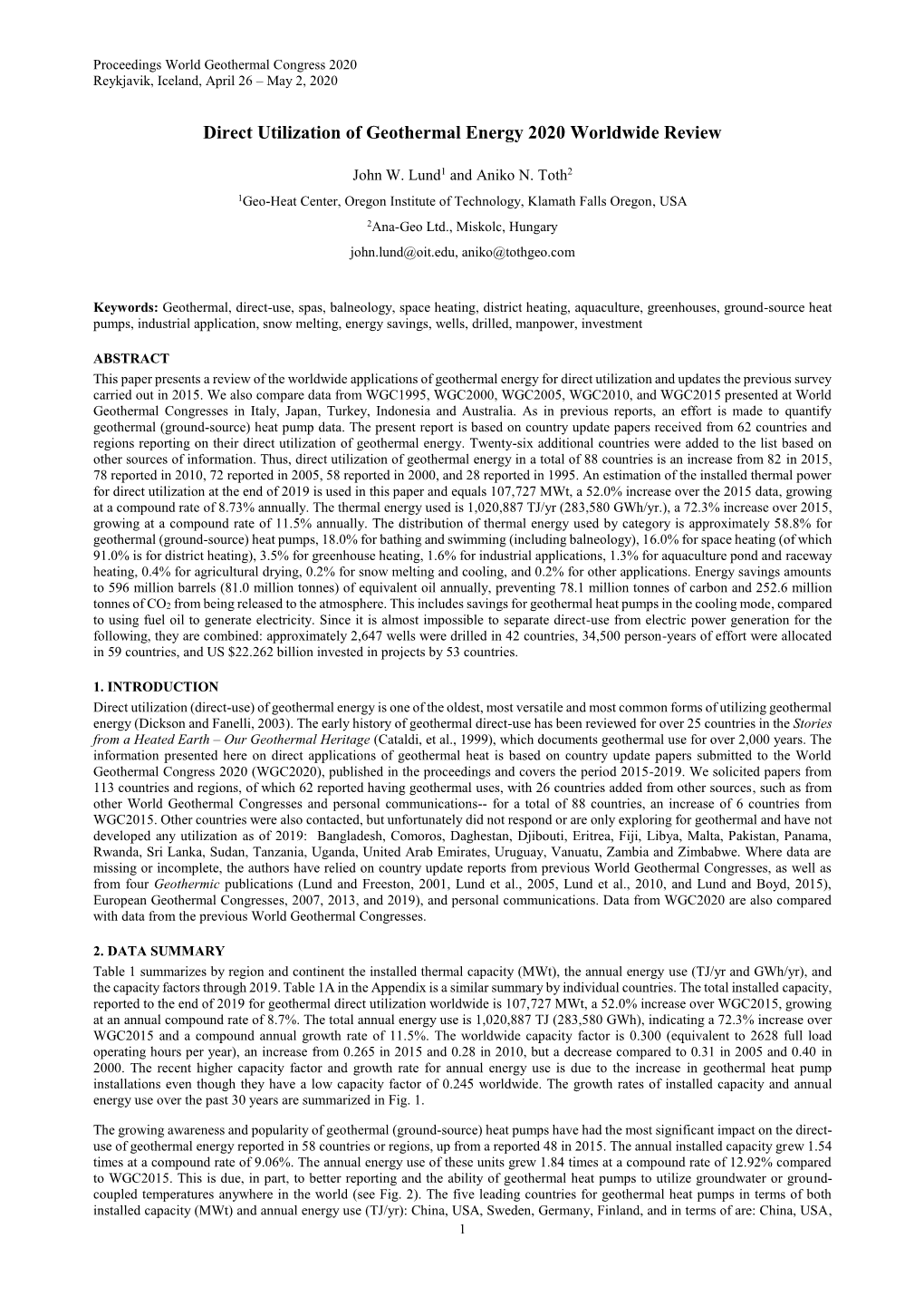 Direct Utilization of Geothermal Energy 2020 Worldwide Review