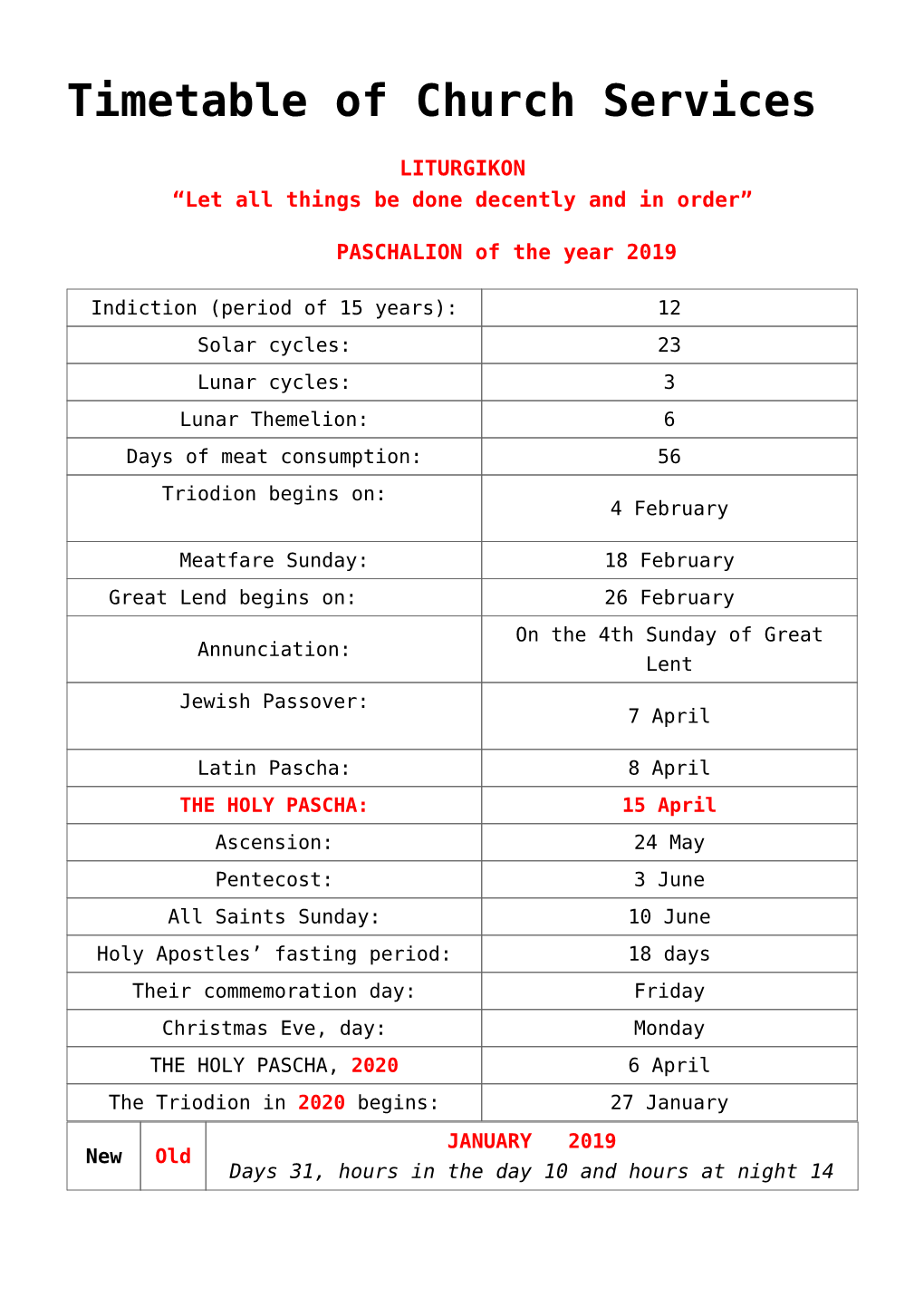 Timetable of Church Services