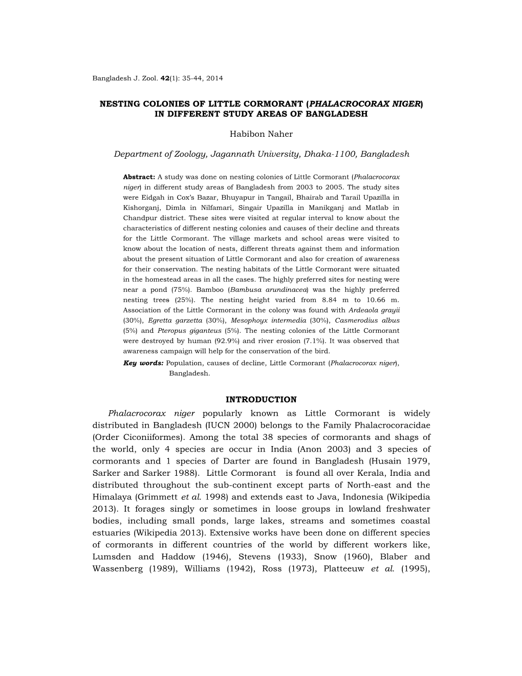 Nesting Colonies of Little Cormorant (Phalacrocorax Niger) in Different Study Areas of Bangladesh