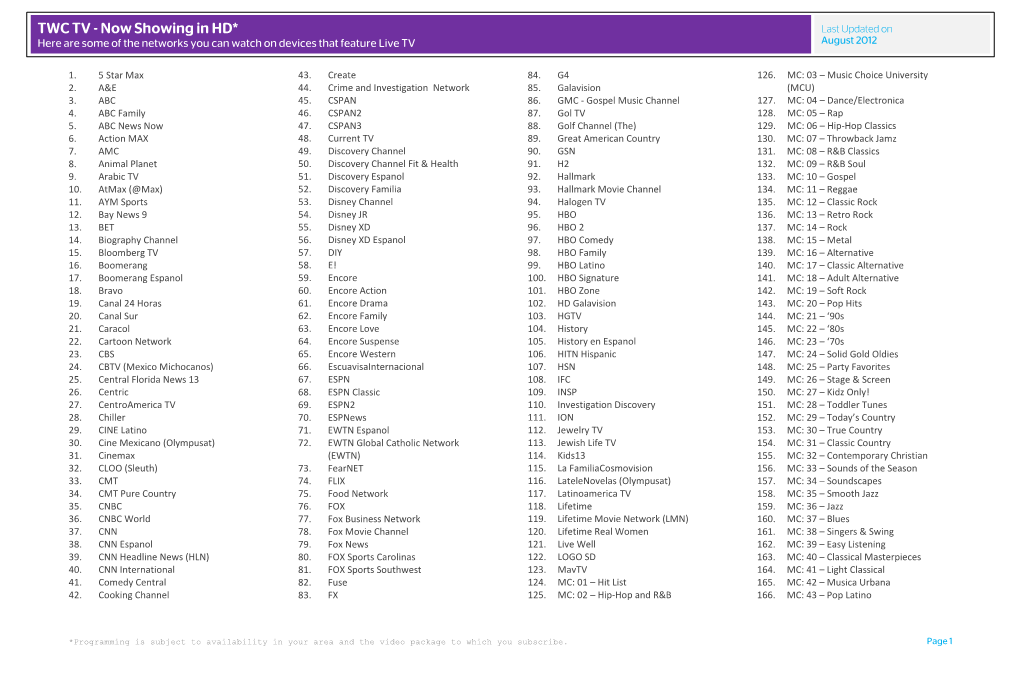 TWC TV - Now Showing in HD* Last Updated on Here Are Some of the Networks You Can Watch on Devices That Feature Live TV August 2012