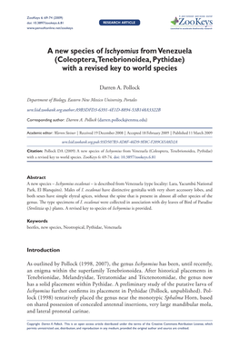 A New Species of Ischyomius from Venezuela (Coleoptera, Tenebrionoidea, Pythidae) with a Revised Key to World Species