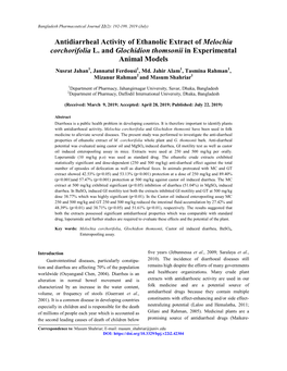 Antidiarrheal Activity of Ethanolic Extract of Melochia Corchorifolia L