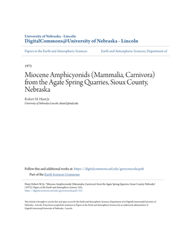 (Mammalia, Carnivora) from the Agate Spring Quarries, Sioux County, Nebraska Robert M