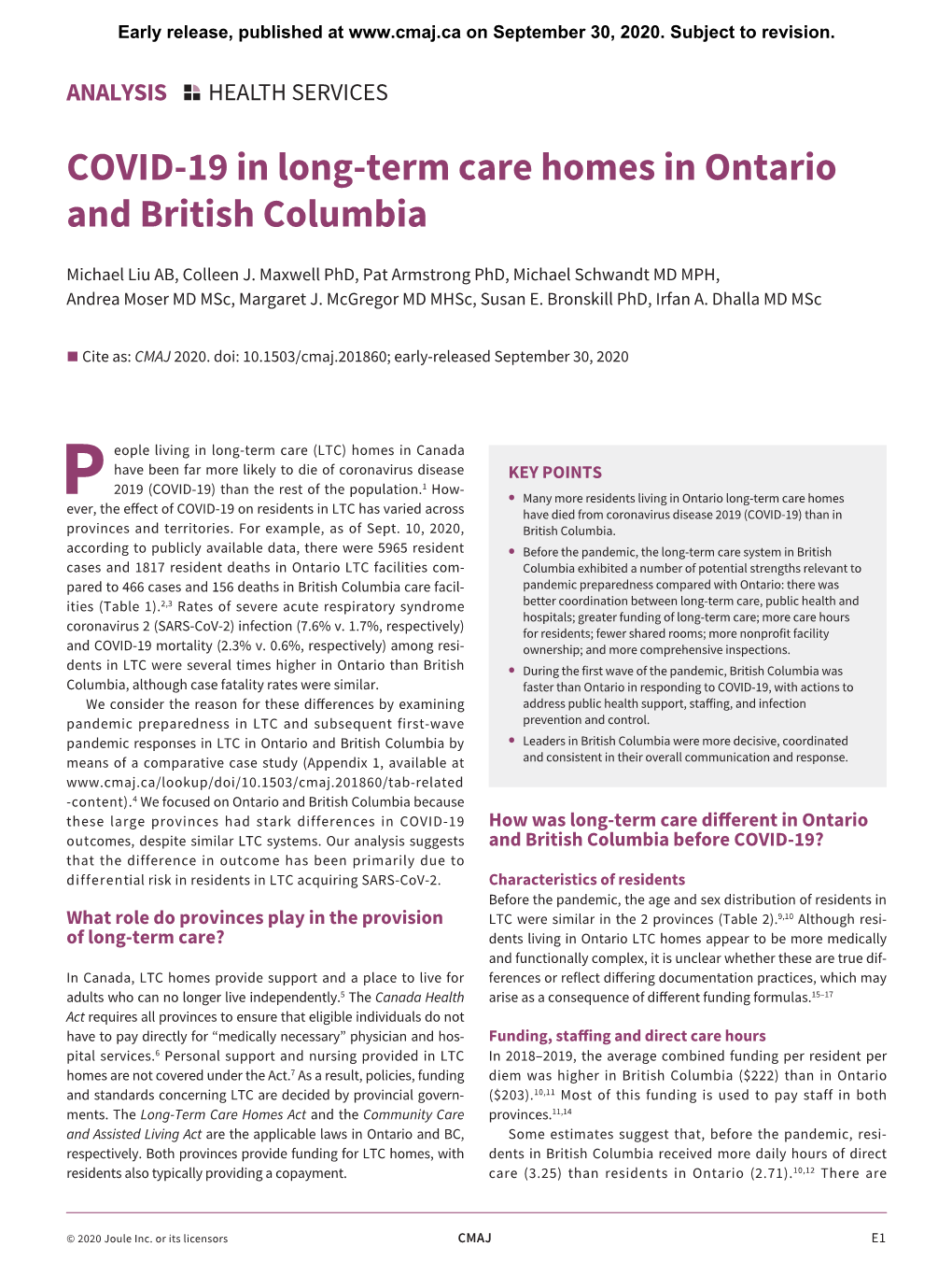 COVID-19 in Long-Term Care Homes in Ontario and British Columbia