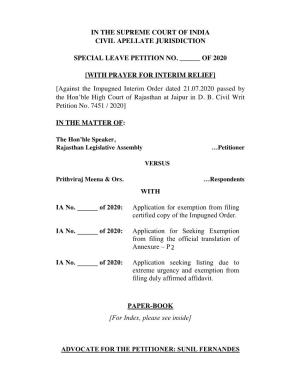 In the Supreme Court of India Civil Apellate Jurisdiction Special Leave Petition No. ___Of 2020 [With Prayer for Interim